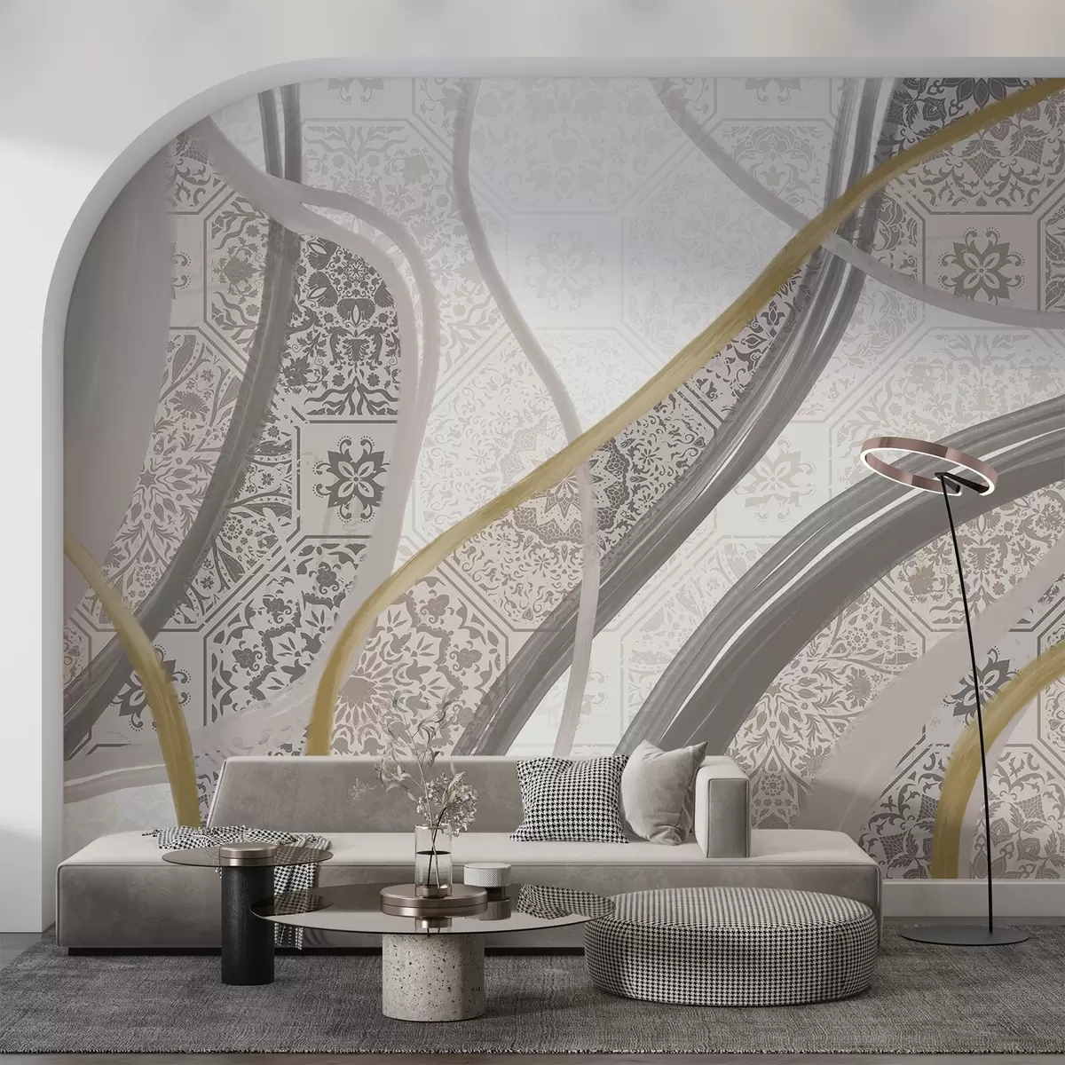 carta da parati Quadro astratto con motivi geometrici e linee curve nei colori beige, grigio e giallo nr. w08837