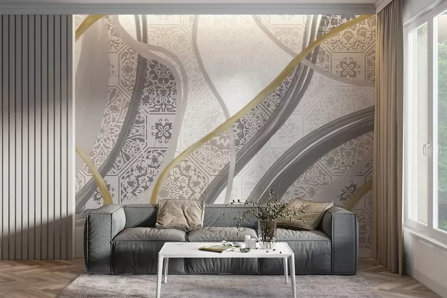 Carta da parati Moderno Quadro astratto con motivi geometrici e linee curve nei colori beige, grigio e giallo n. w08837