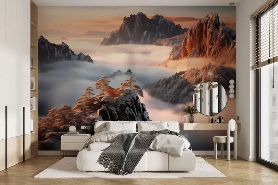 Carta da parati nature Incantevole paesaggio montano con nebbia e alberi 