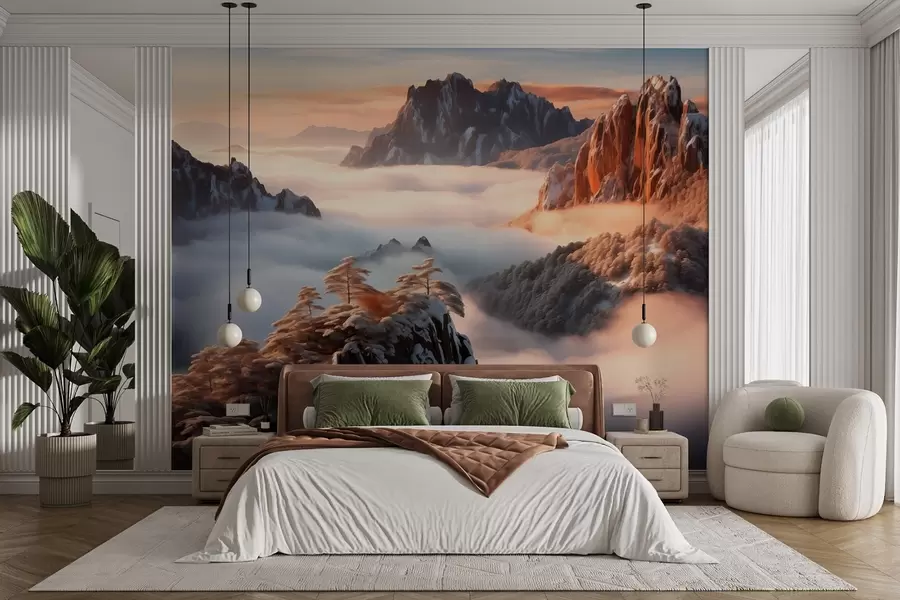 Carta da parati nature Incantevole paesaggio montano con nebbia e alberi 