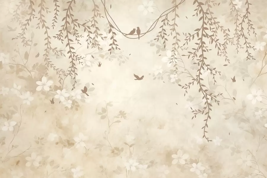 Carta da parati Floreale Uccelli con piante sospese e un motivo floreale nei toni del beige-crema chiaro n. w08809