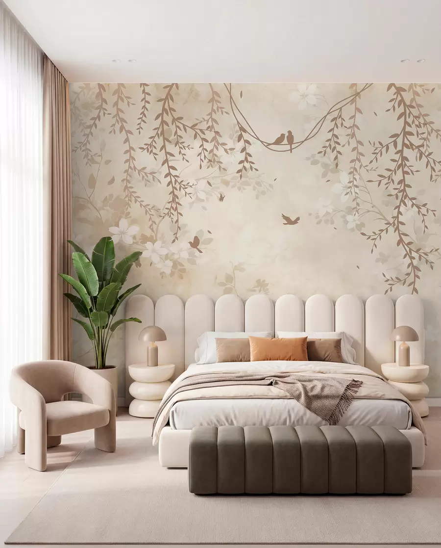 Carta da parati Floreale Uccelli con piante sospese e un motivo floreale nei toni del beige-crema chiaro n. w08809