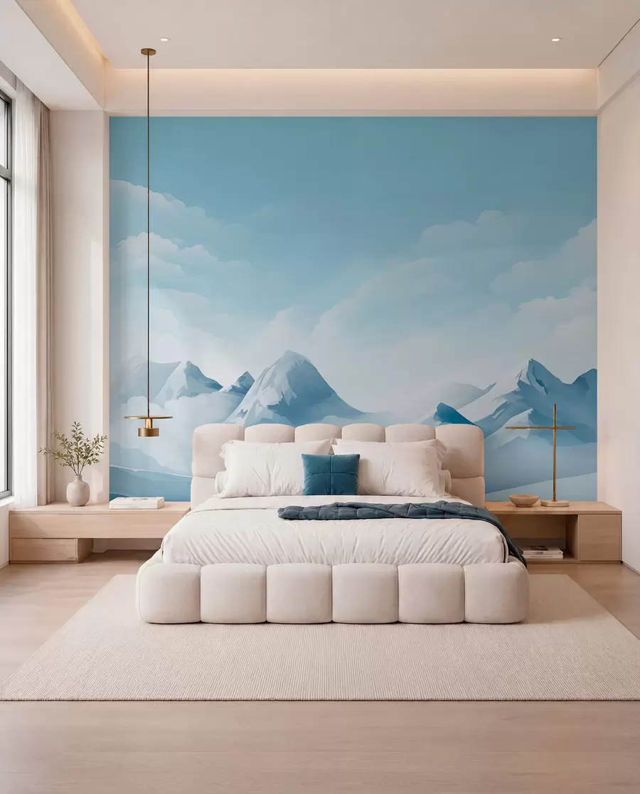 Carta da parati nature Nuvole e montagne blu minimaliste, tempo gelido 