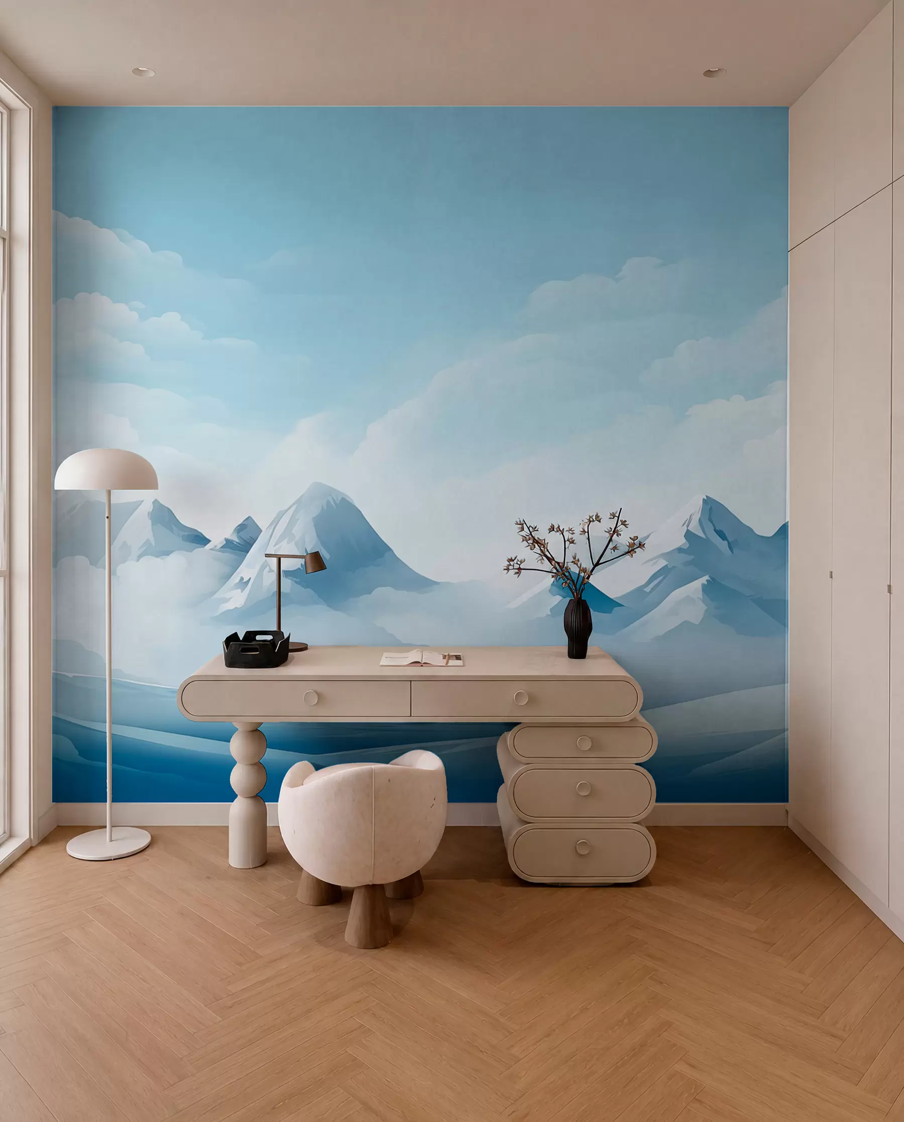 Carta da parati nature Nuvole e montagne blu minimaliste, tempo gelido 