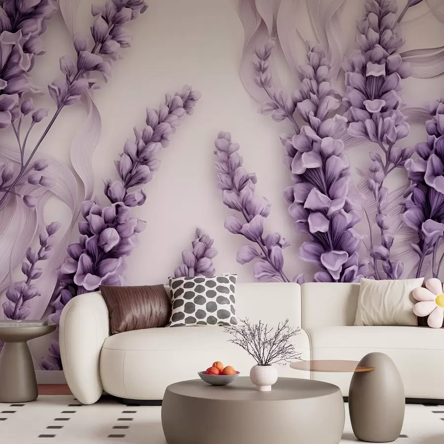 Carta da parati Floreale Viola lavanda su sfondo bianco n. w08812