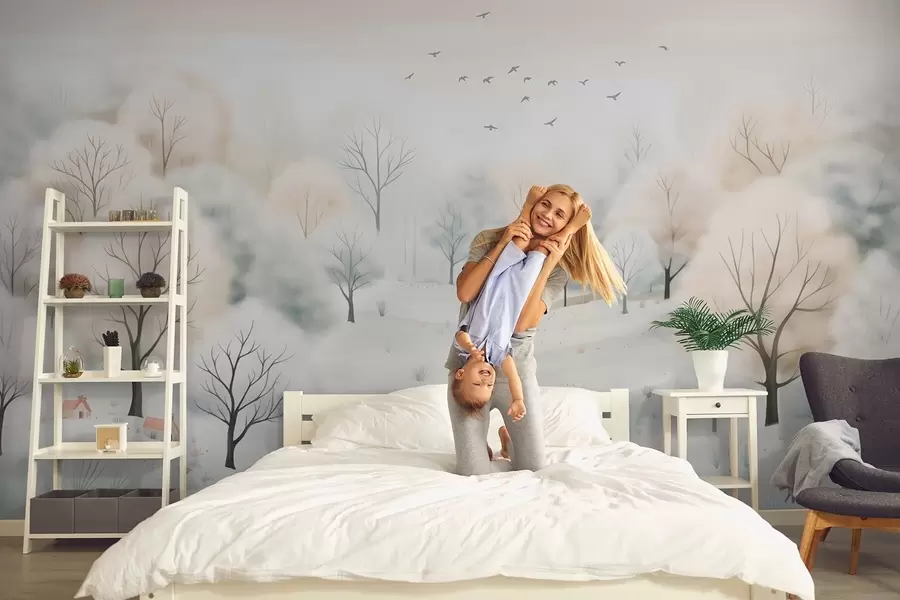 Carta da parati nature Foresta invernale con alberi, casette, uccelli e neve in un leggero stile acquerello 