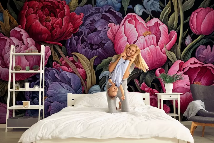 Carta da parati Fiori grandi Tulipani e peonie in stile vittoriano, nei colori rosa e viola n. w08818