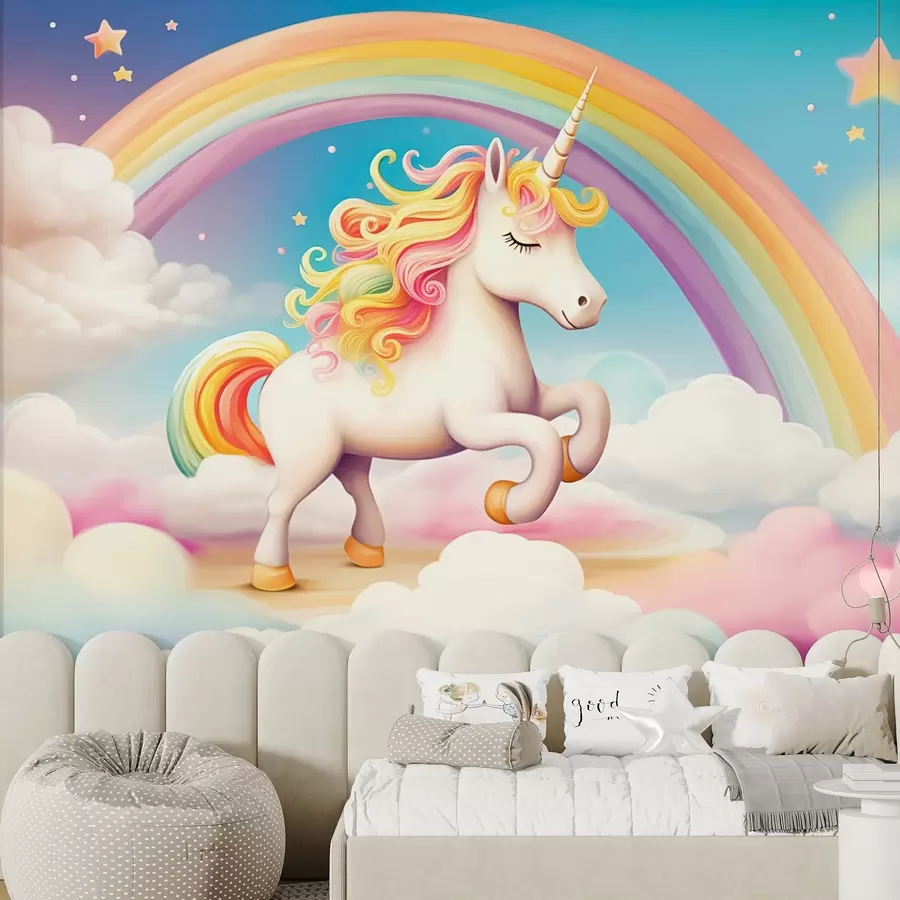 Carta da parati per Bambini Un cavallo unicorno con arcobaleno, nuvole e cielo stellato 