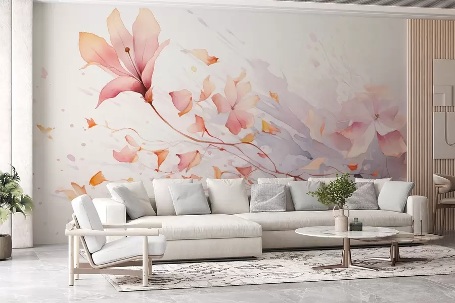 Carta da parati Floreale Un fiore con petali cadenti che svolazzano nel vento in stile acquerello n. w08821