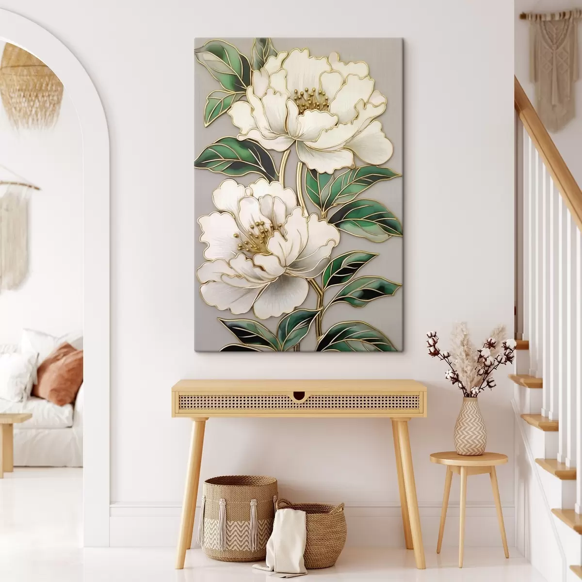 carta da parati Fiori bianchi con foglie verdi in composizione decorativa nr. s43011
