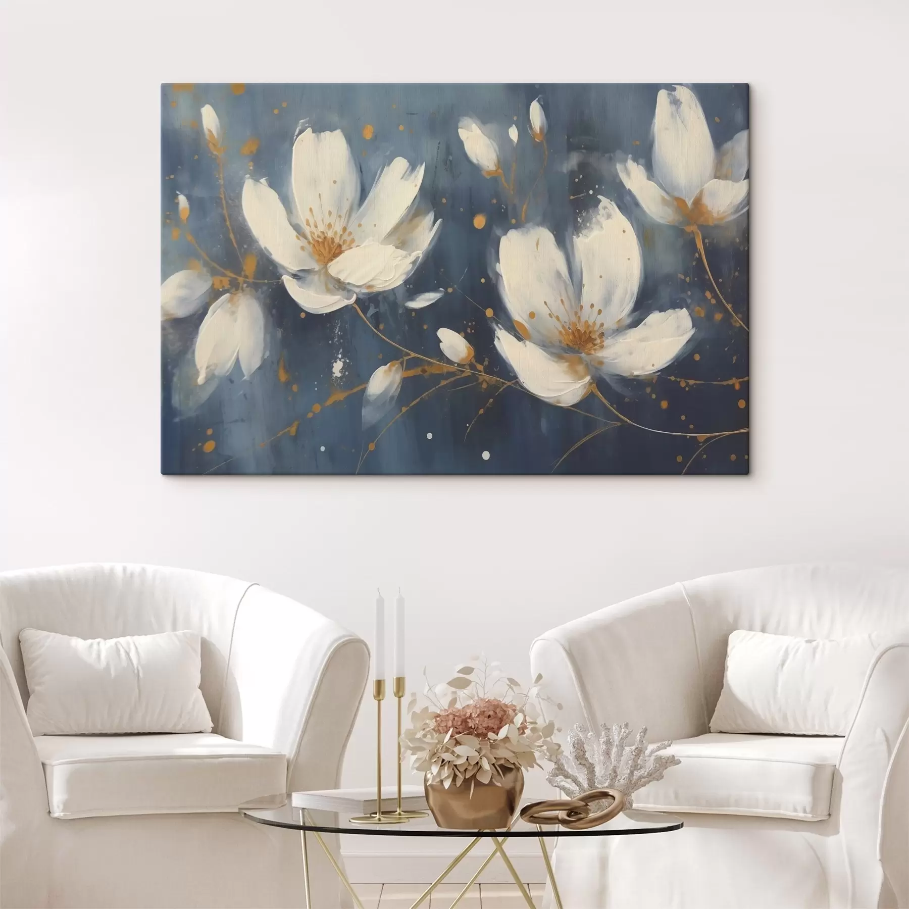 carta da parati Fiori bianchi su sfondo blu nr. s43025