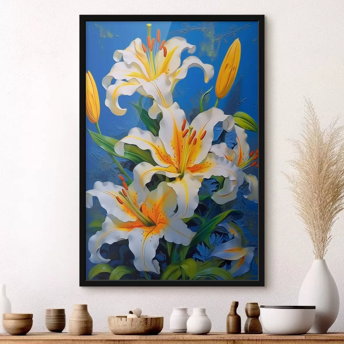 Poster Gigli bianchi su sfondo blu f43018