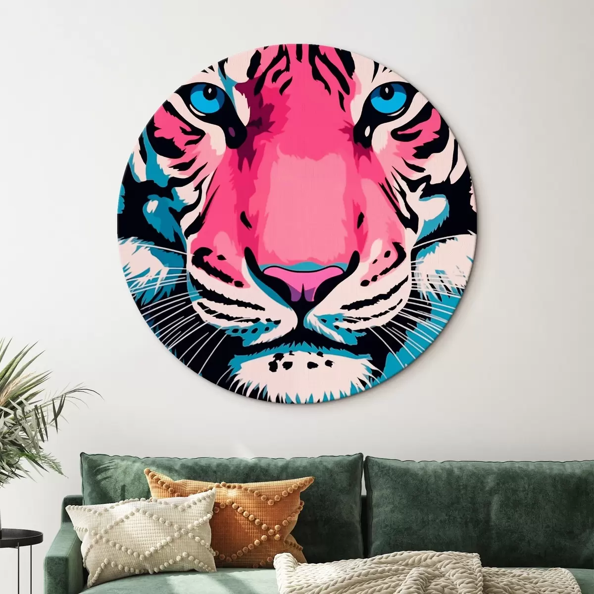 Quadri rotondi Ritratto stilizzato di una tigre con colori vivaci r43007