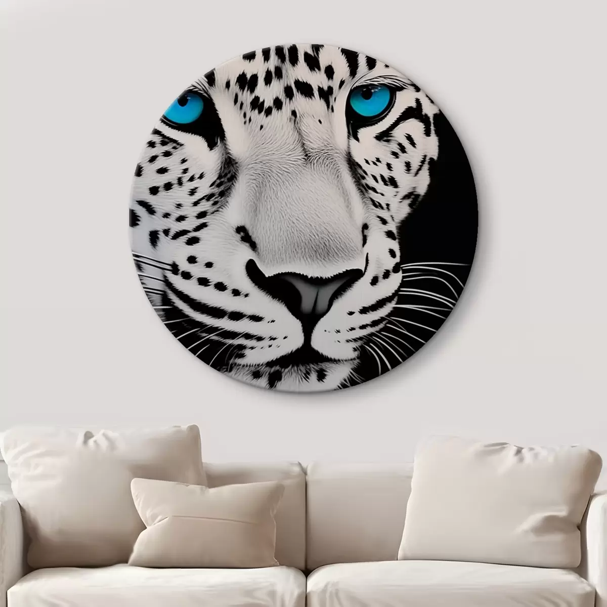 Quadri rotondi Ritratto in bianco e nero di un leopardo con occhi blu r43008
