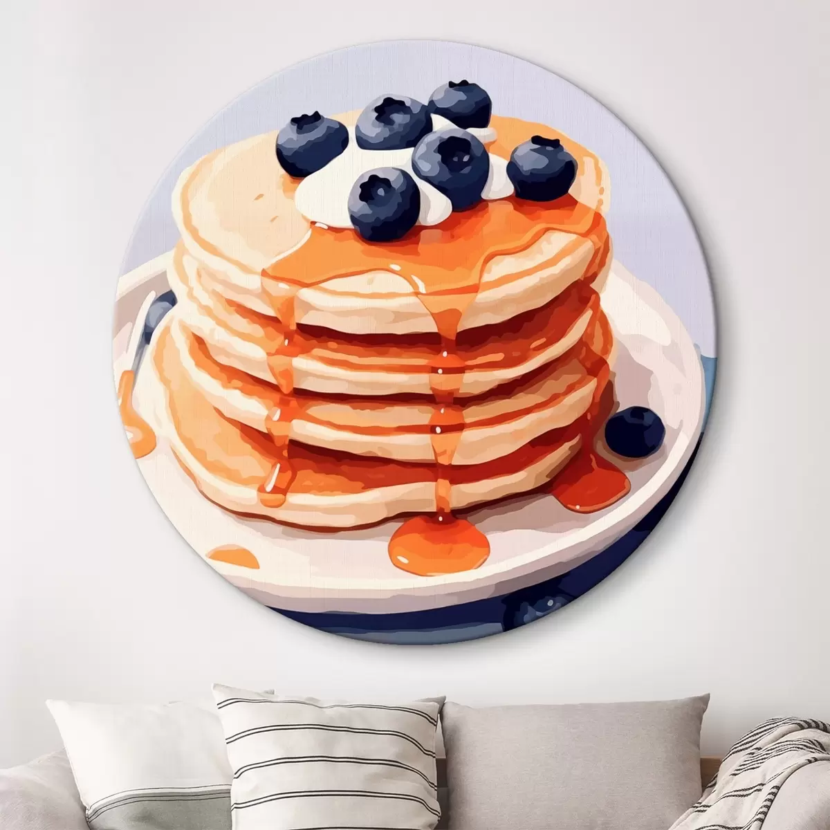Quadri rotondi Pancake con sciroppo e mirtilli in un piatto r43009