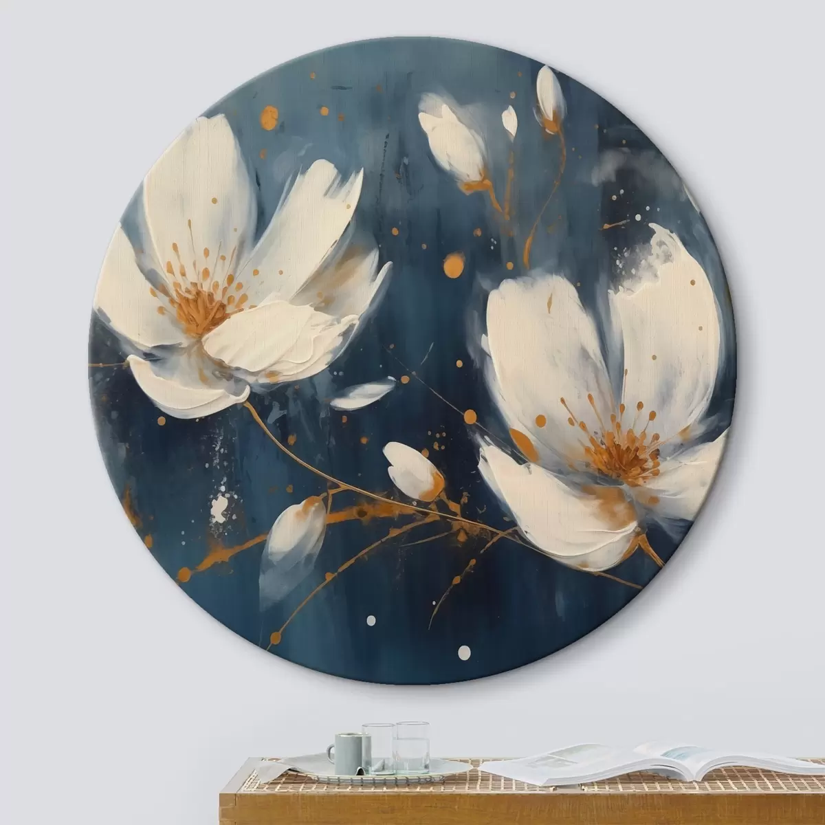 Quadri rotondi Fiori bianchi su sfondo blu r43025