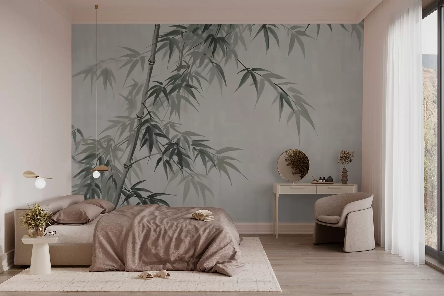 carta da parati Foglie di bambù su sfondo chiaro maculato ad imitazione dell'acquerello nr. w03178