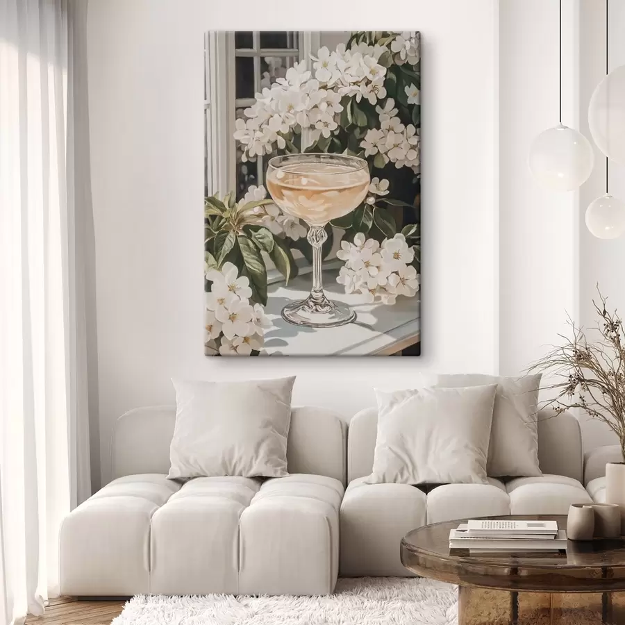 carta da parati Bicchiere di champagne, vintage, stile acquerello, fiori bianchi nr. s43051