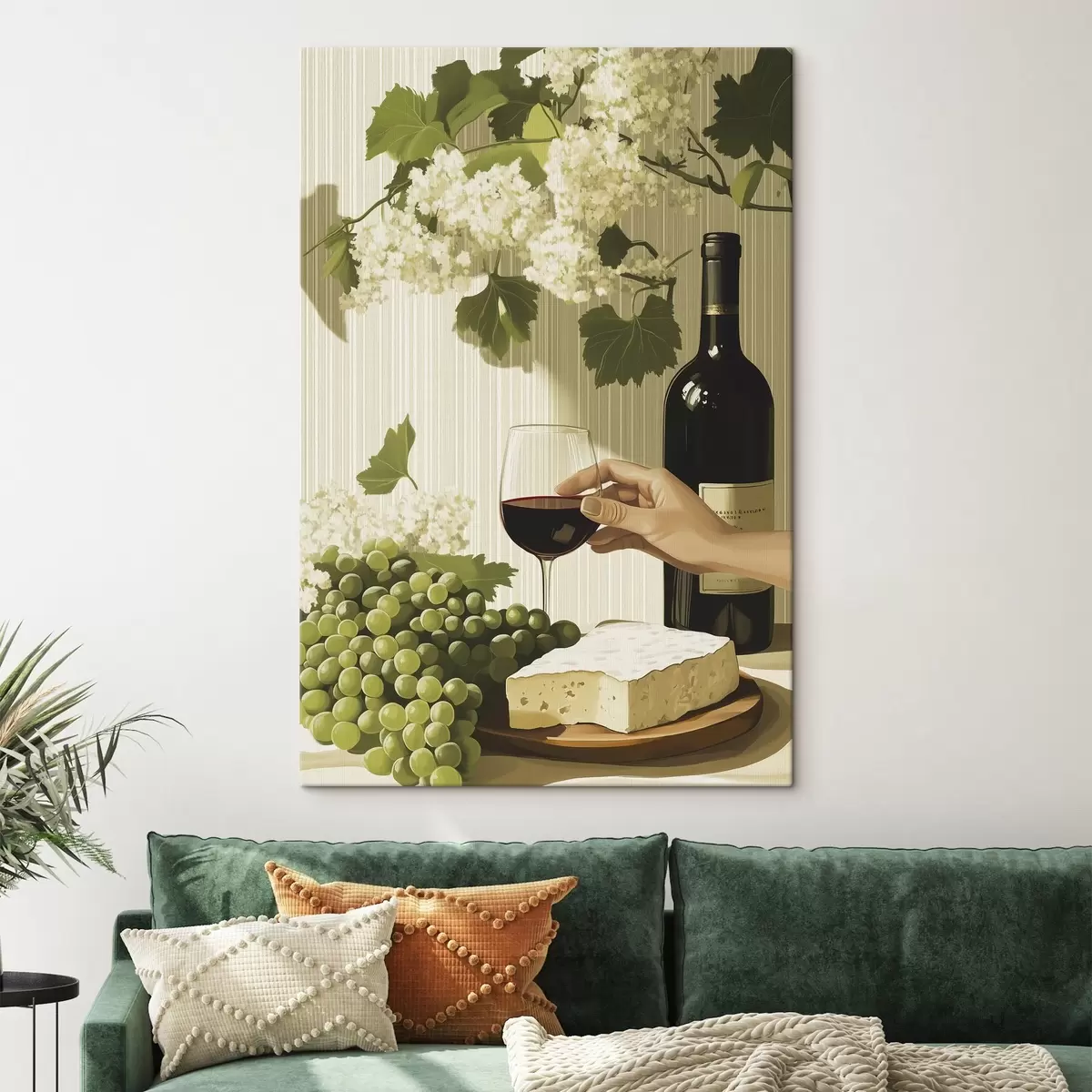 carta da parati Uva con formaggio, bottiglia di vino, stile vintage, fiori bianchi nr. s43052