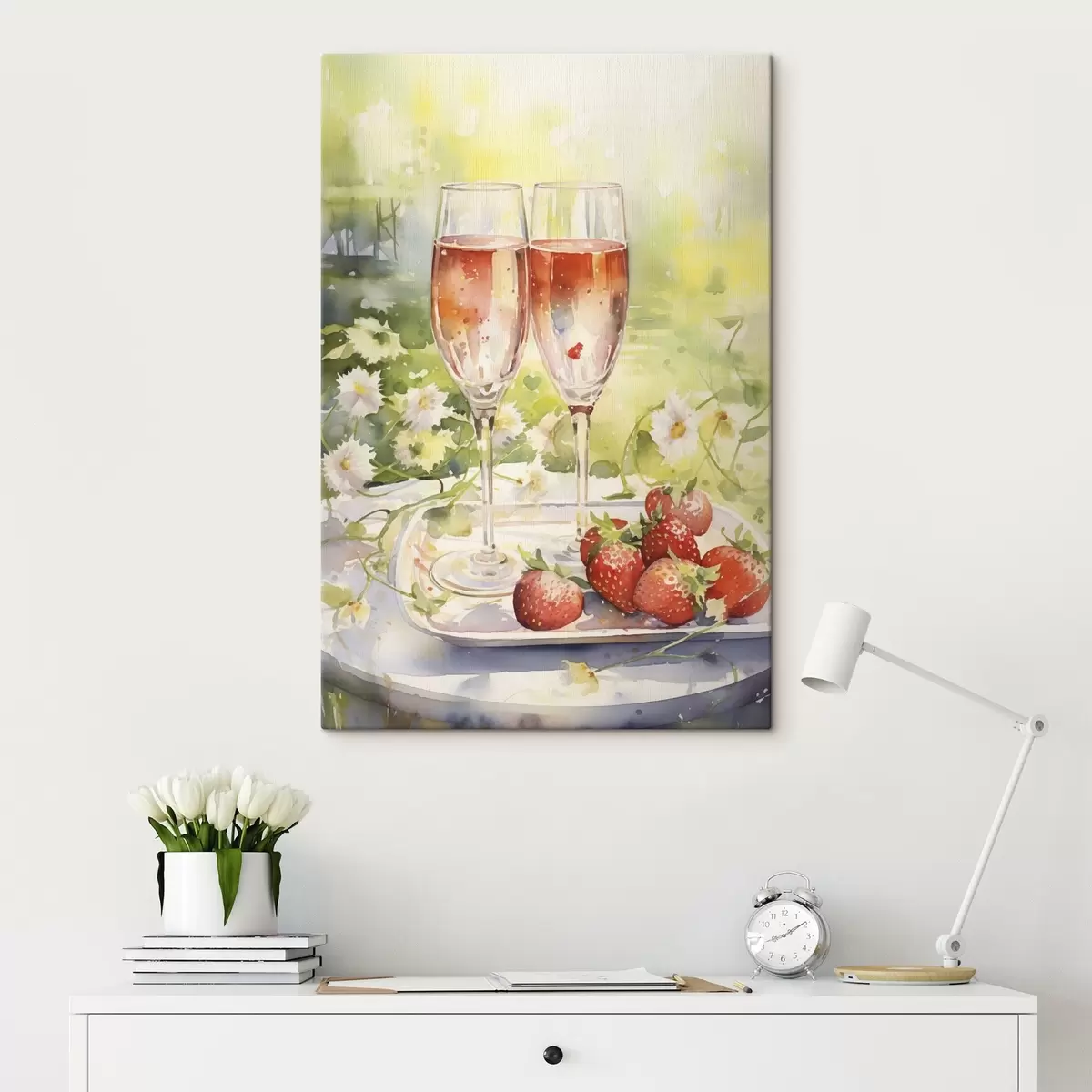 carta da parati Disegno in stile acquerello di calici di champagne, fiori e fragole  nr. s43056