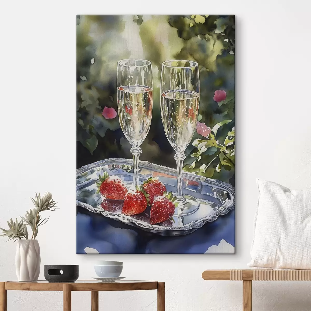 carta da parati Bicchieri di champagne festosi e frizzanti con fragole sul vassoio nr. s43057