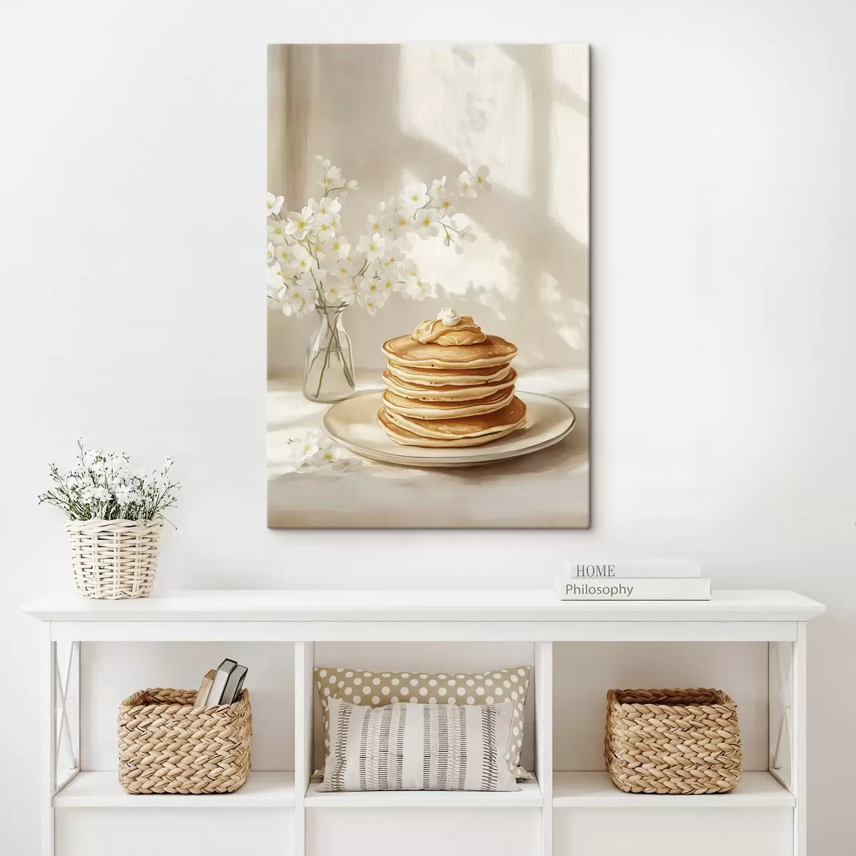 carta da parati Deliziosi pancake con burro di arachidi, stile acquerello, vaso con fiori bianchi nr. s43063