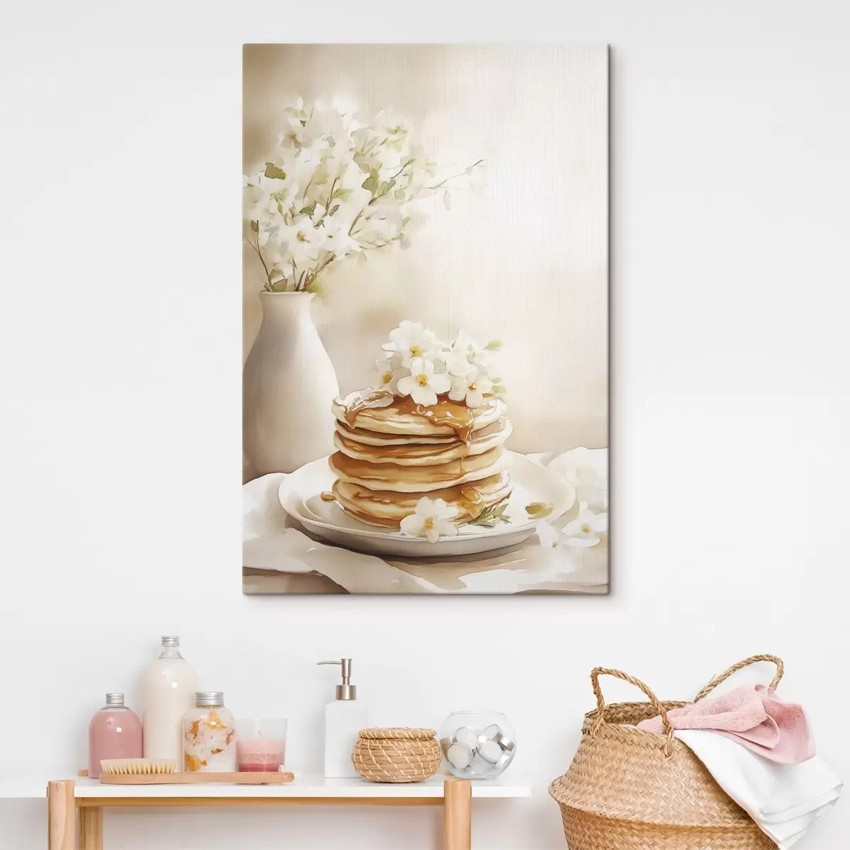 carta da parati Pancake con burro di arachidi, fiori bianchi, disegno in stile acquerello nr. s43065