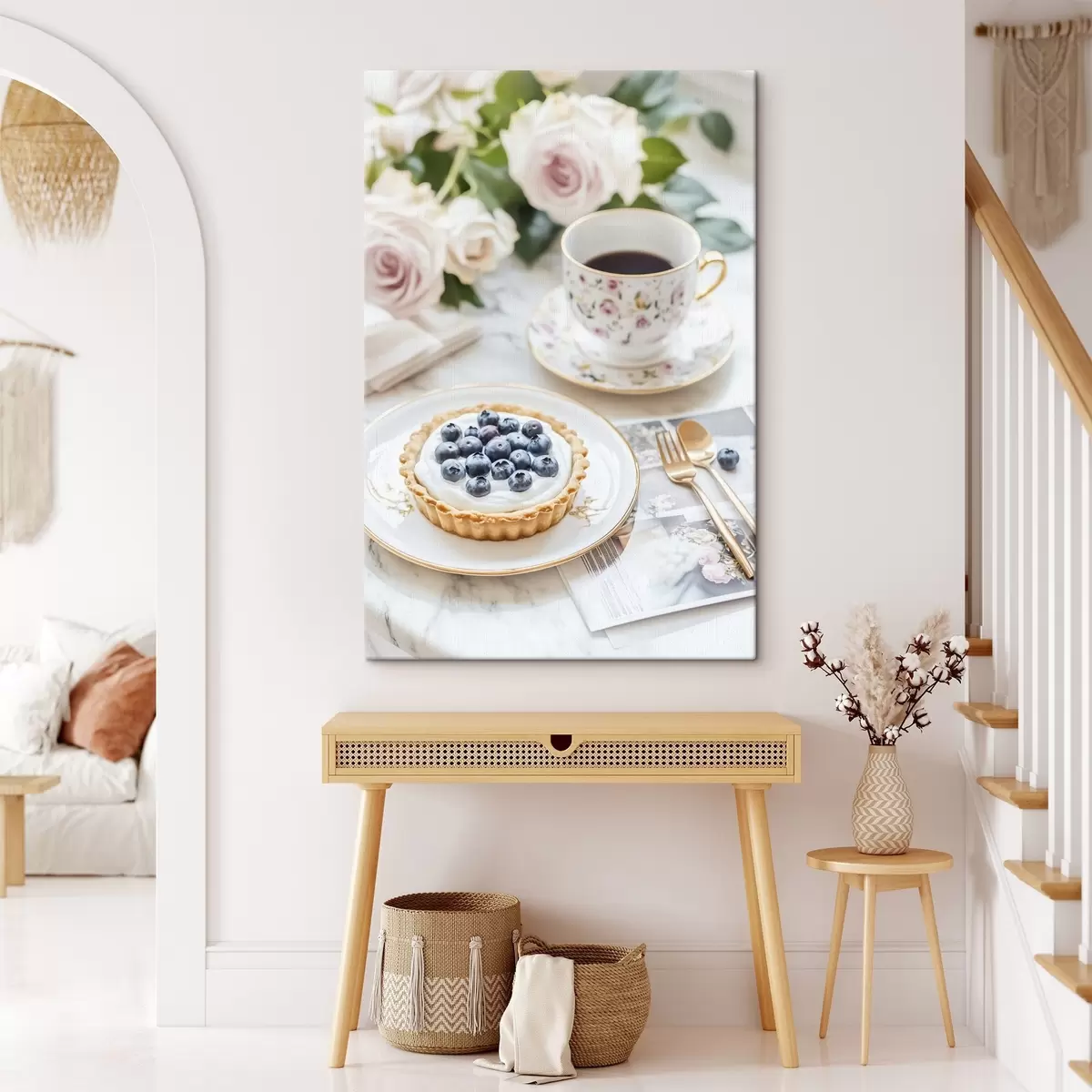 carta da parati Cupcake ai mirtilli con tazza di tè, stile boho, rose rosa nr. s43066