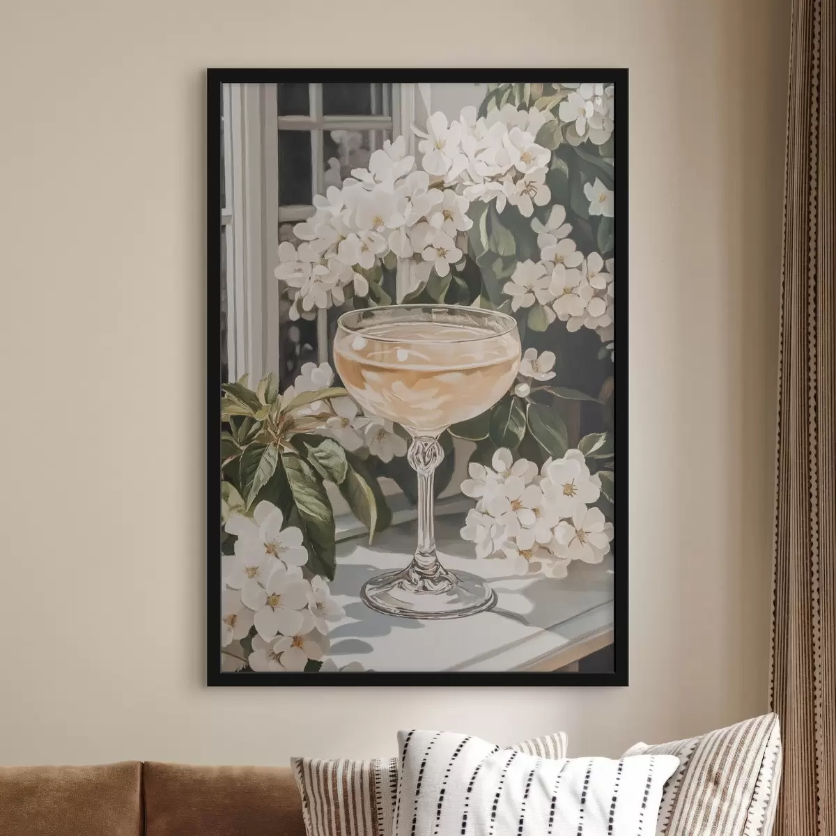 Poster Bicchiere di champagne, vintage, stile acquerello, fiori bianchi f43051