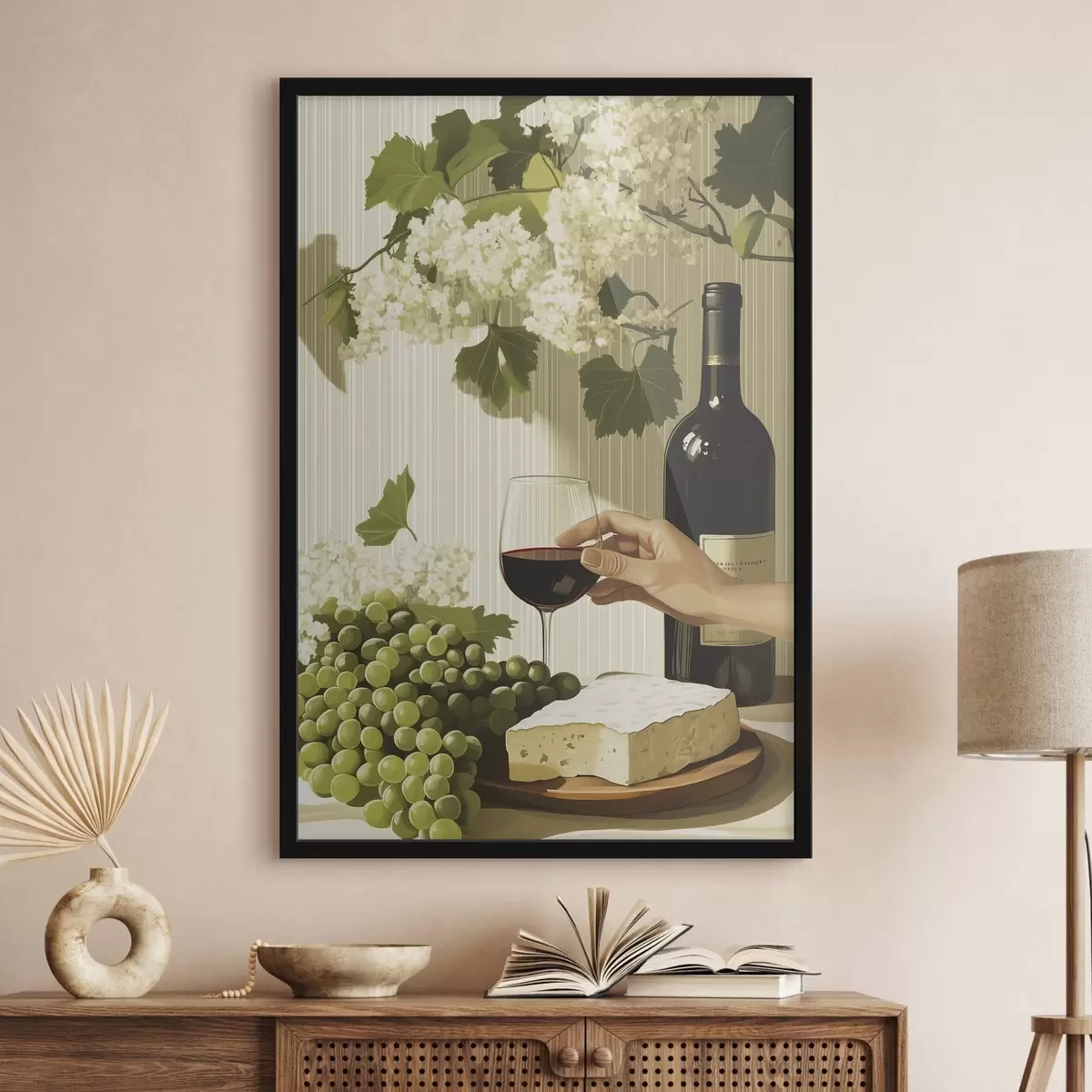 Poster Uva con formaggio, bottiglia di vino, stile vintage, fiori bianchi f43052