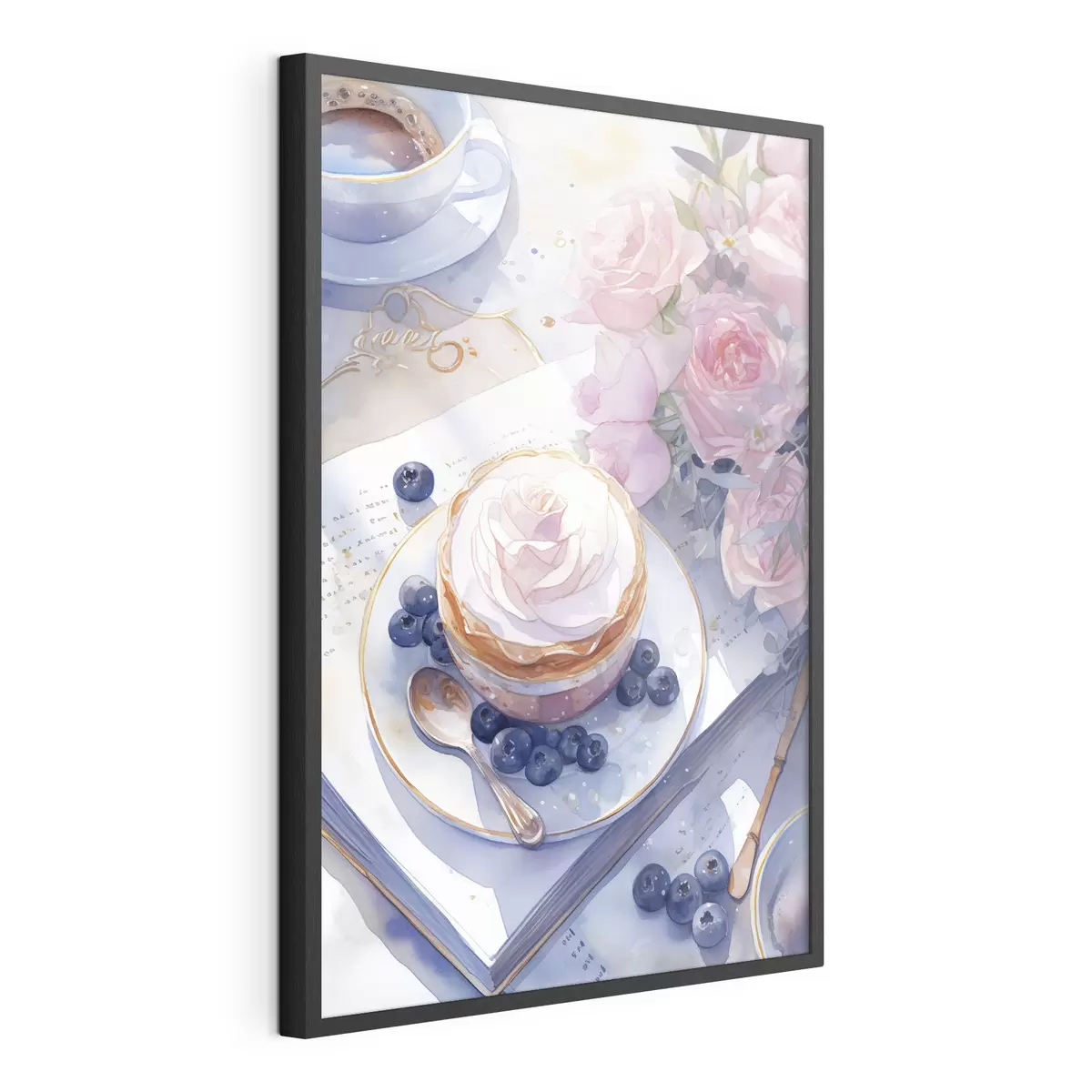 Poster Cupcake ai mirtilli, stile boho, acquerello, rose rosa, poetico f43053