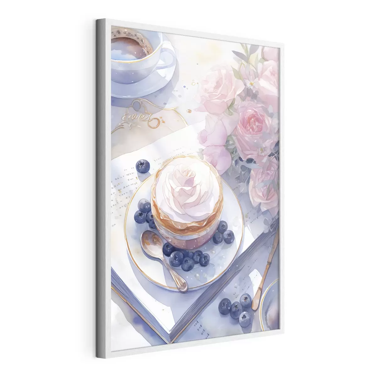 Poster Cupcake ai mirtilli, stile boho, acquerello, rose rosa, poetico f43053