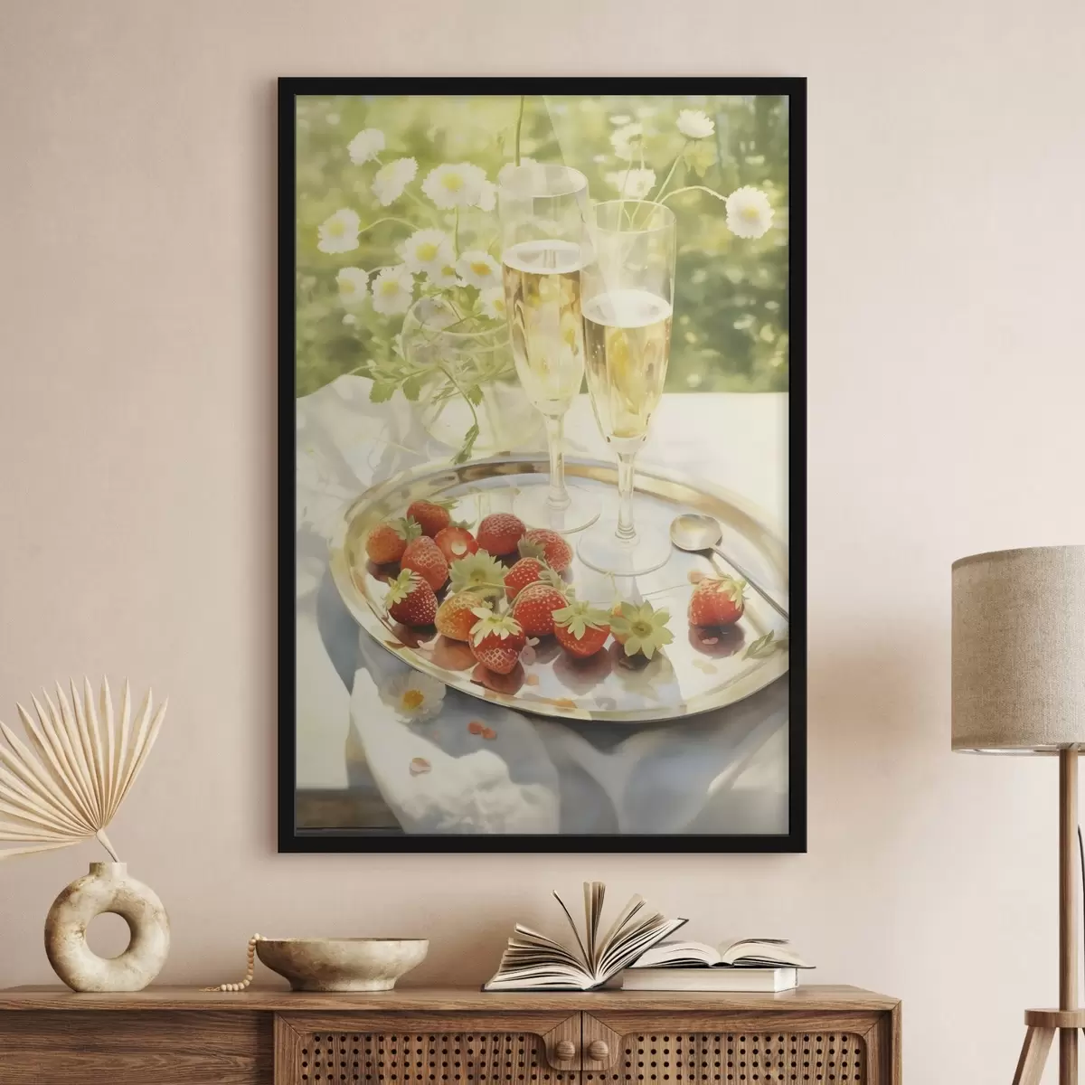 Poster Bicchieri da champagne con fragole sul vassoio, fiori di camomilla, estate f43054