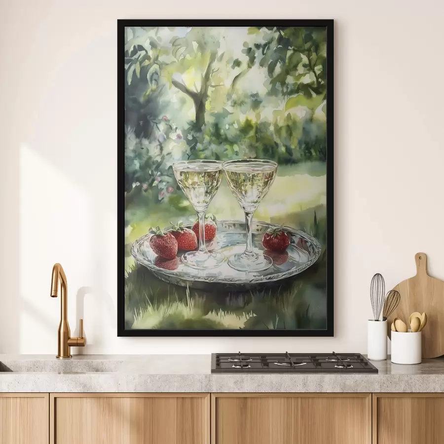 carta da parati Picnic estivo con champagne e fragole, disegno in stile acquerello nr. f43055