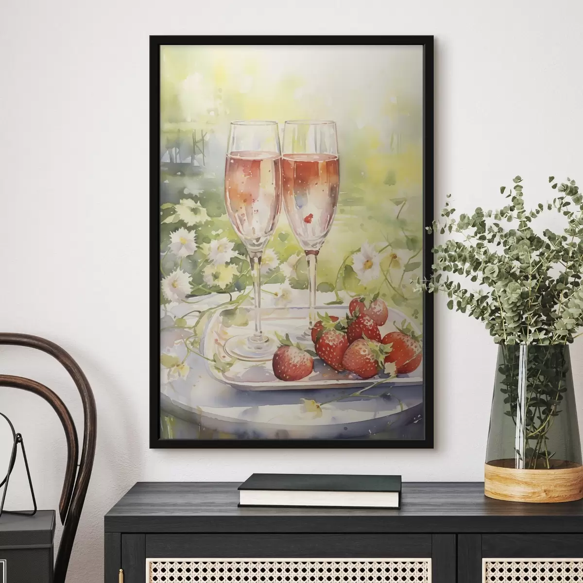 Poster Disegno in stile acquerello di calici di champagne, fiori e fragole f43056
