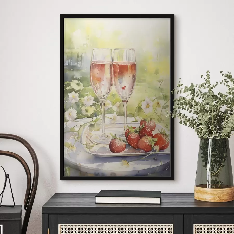 carta da parati Disegno in stile acquerello di calici di champagne, fiori e fragole nr. f43056