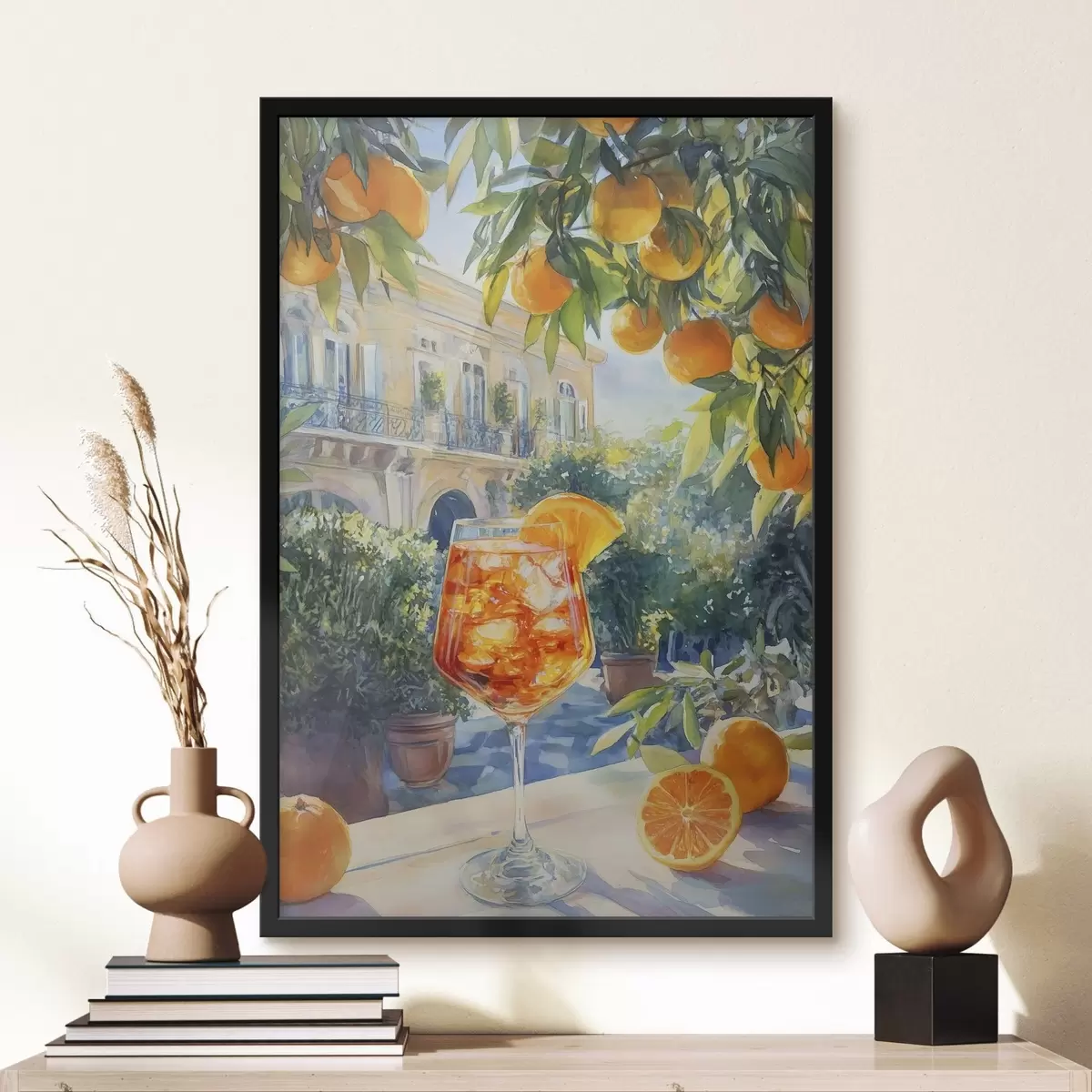 Poster Cocktail con arance, stile acquerello, Italia, Aperol Spritz, architettura, giardino estivo f43061