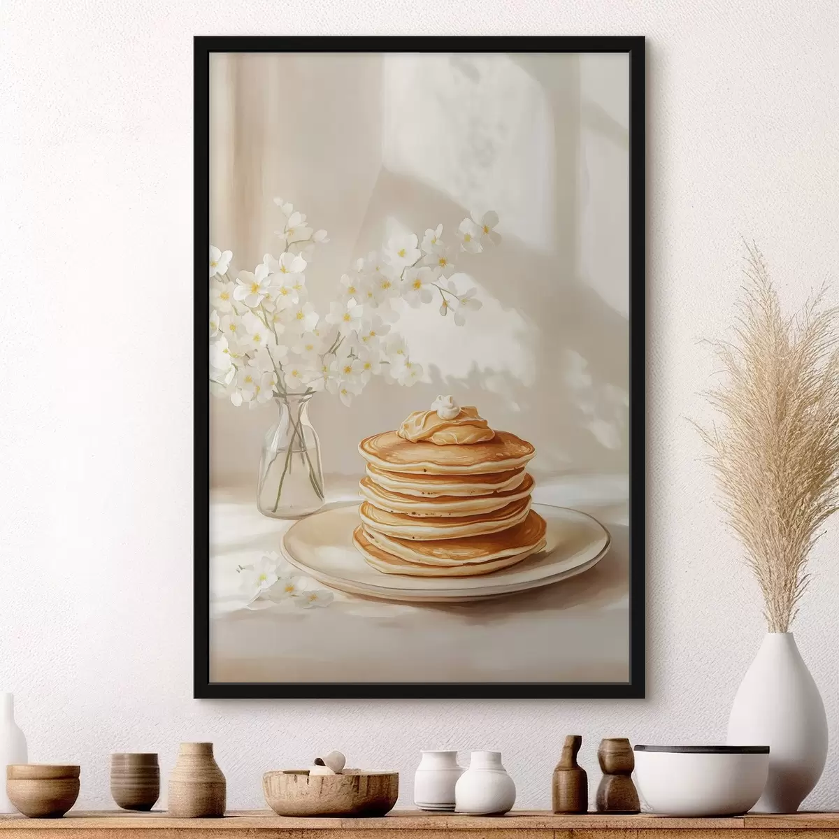Poster Deliziosi pancake con burro di arachidi, stile acquerello, vaso con fiori bianchi f43063