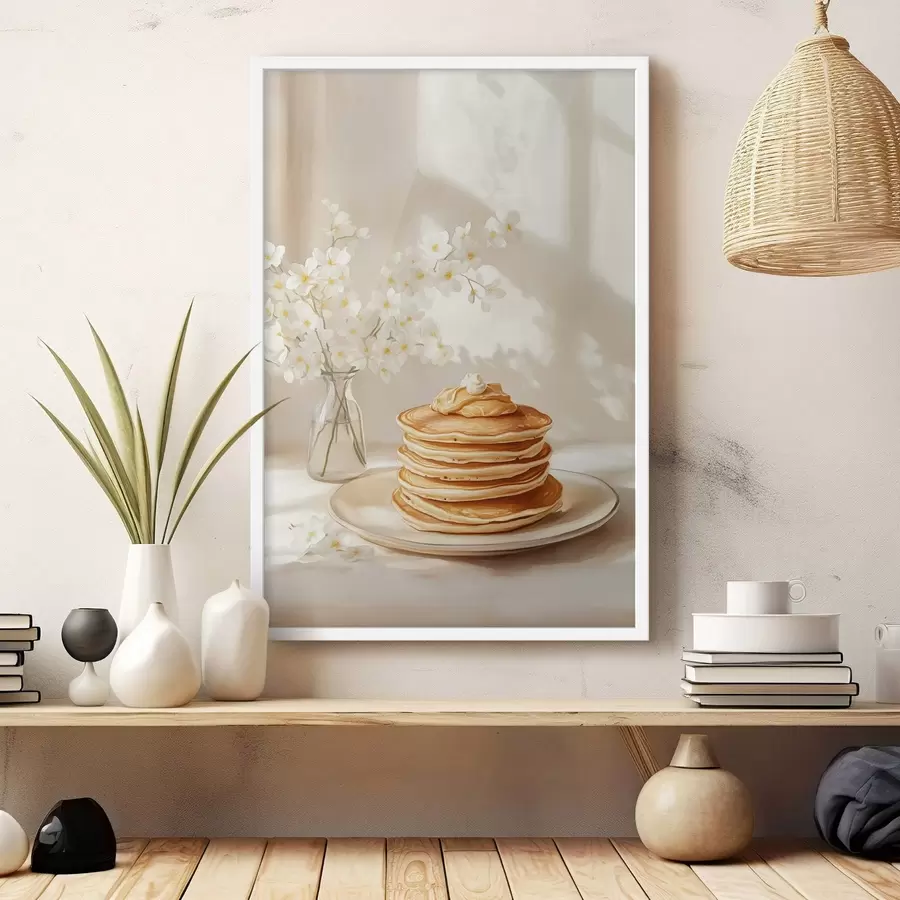 carta da parati Deliziosi pancake con burro di arachidi, stile acquerello, vaso con fiori bianchi nr. f43063
