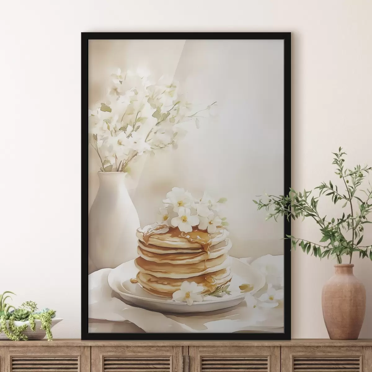 Poster Pancake con burro di arachidi, fiori bianchi, disegno in stile acquerello f43065