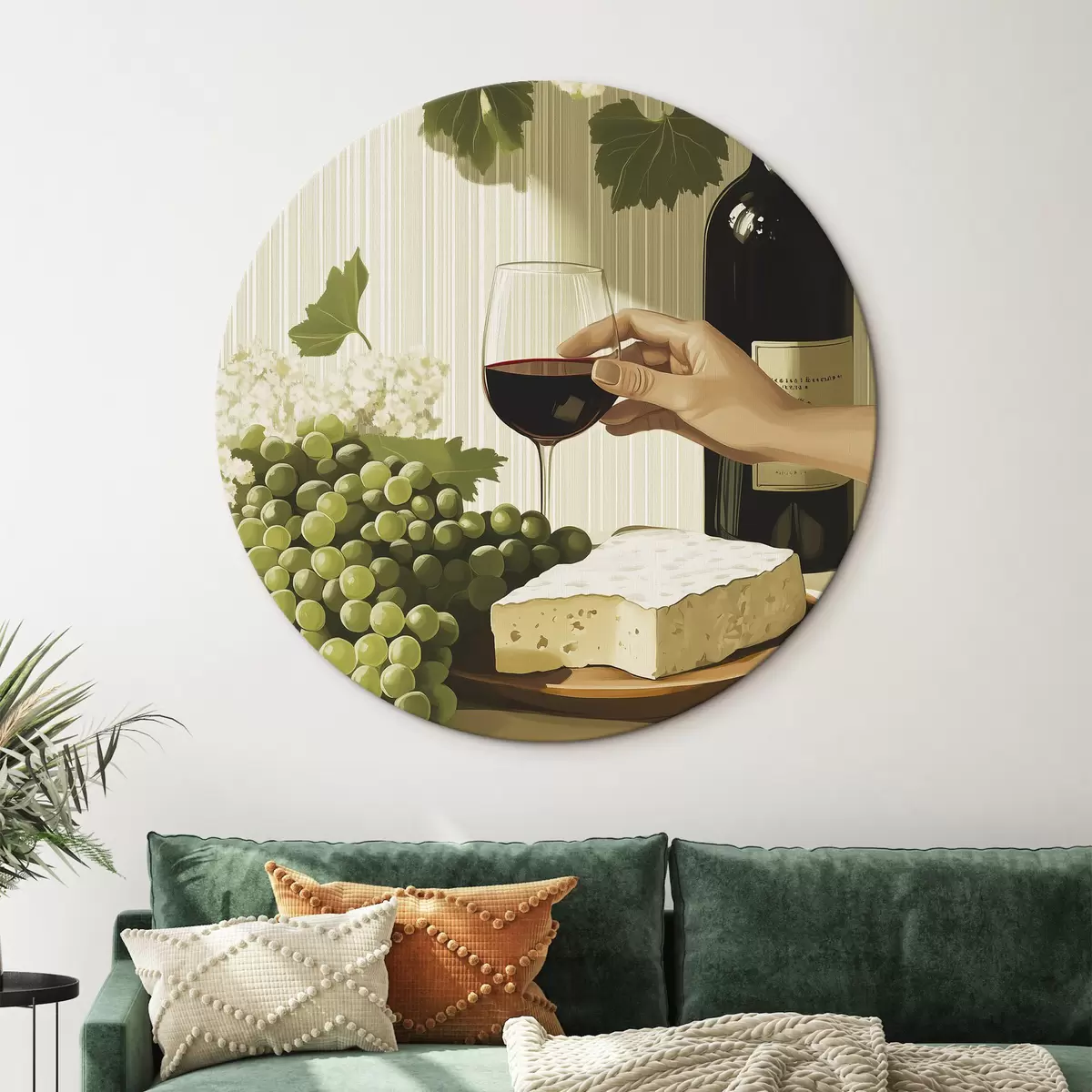 Quadri rotondi Uva con formaggio, bottiglia di vino, stile vintage, fiori bianchi r43052