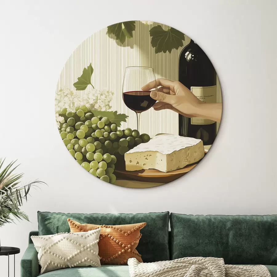 carta da parati Uva con formaggio, bottiglia di vino, stile vintage, fiori bianchi nr. r43052