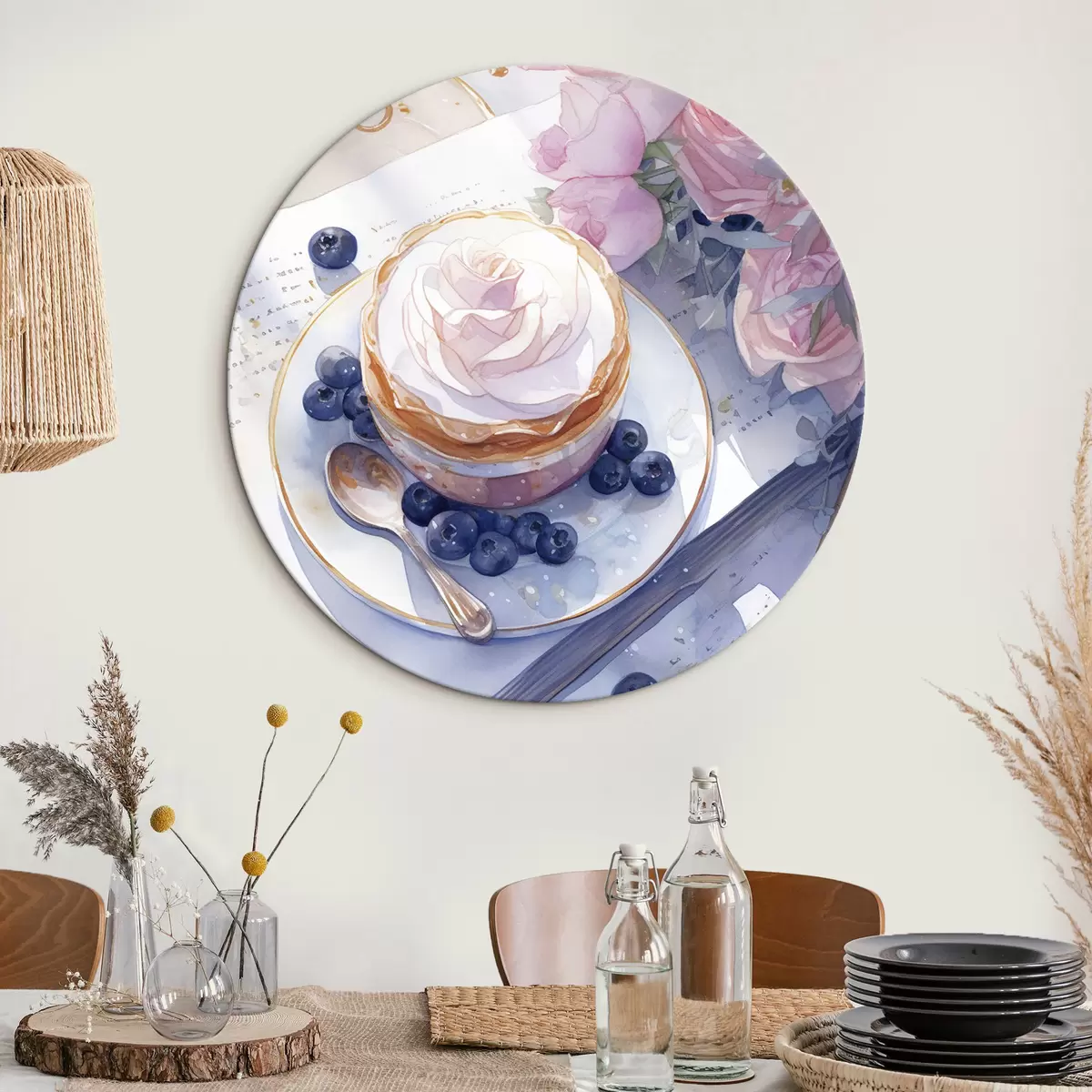 Quadri rotondi Cupcake ai mirtilli, stile boho, acquerello, rose rosa, poetico r43053