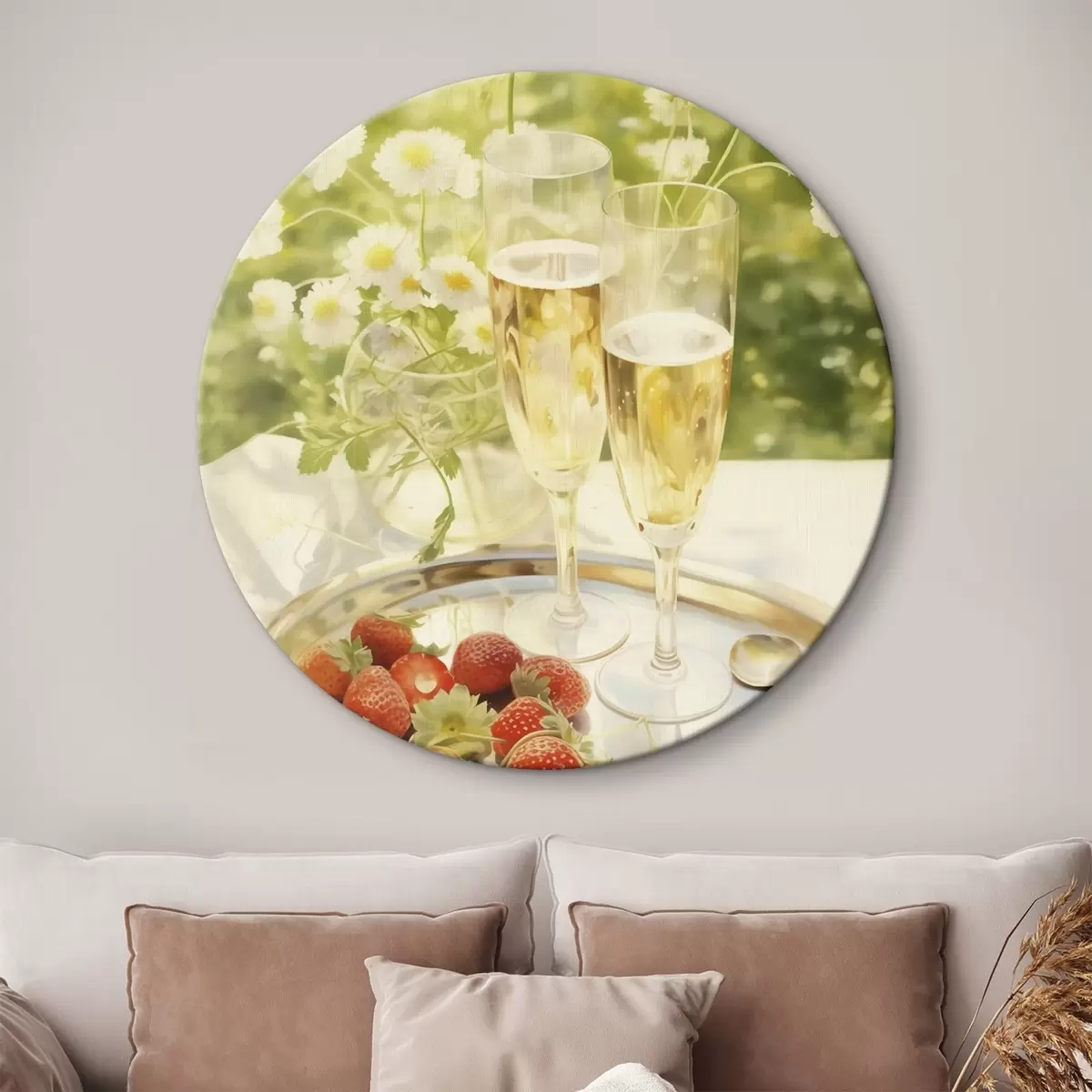 Quadri rotondi Bicchieri da champagne con fragole sul vassoio, fiori di camomilla, estate r43054