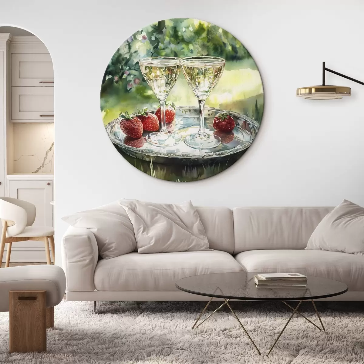 Quadri rotondi Picnic estivo con champagne e fragole, disegno in stile acquerello r43055