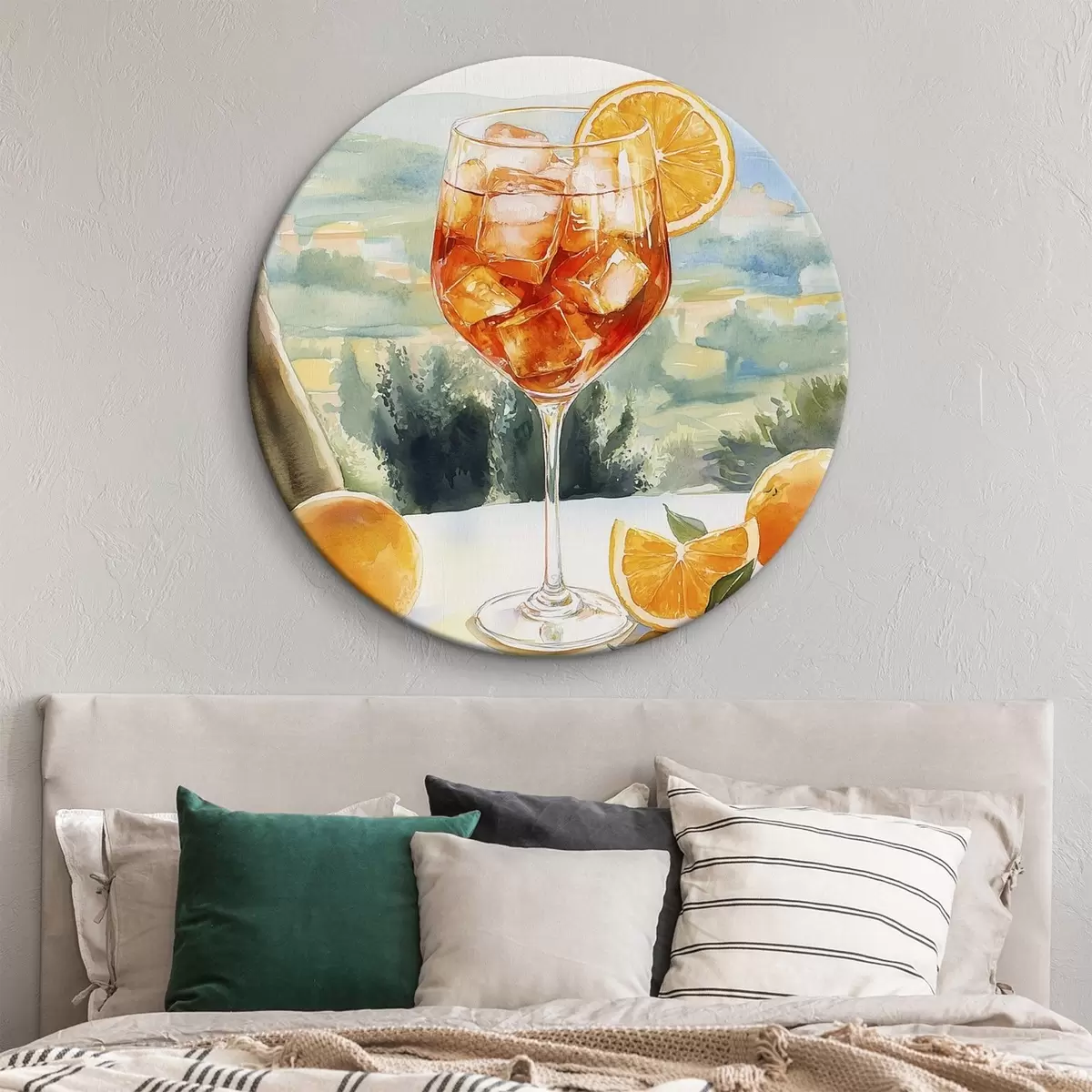 Quadri rotondi Cocktail estivo, Aperol Spritz, arance, disegno in stile acquerello r43058