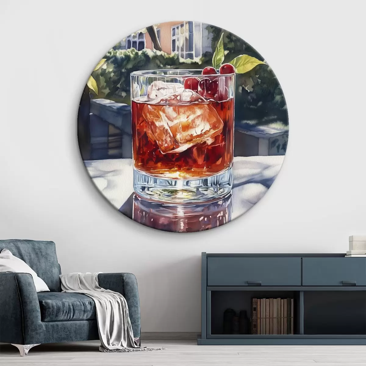 Quadri rotondi Cocktail con bacche, stile acquerello, città estetica, natura estiva r43059