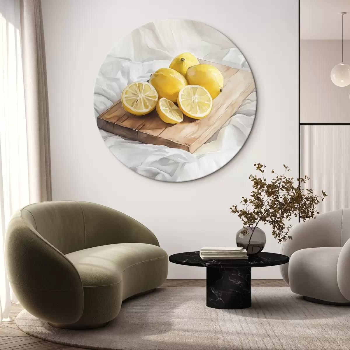 Quadri rotondi Limoni estetici sulla tavola di legno, decorazione della casa, illuminazione naturale r43062