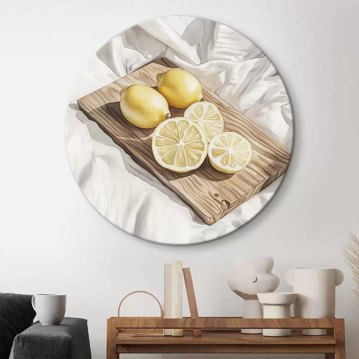 Quadri rotondi Limoni sulla tavola di legno, acquerello, stile rustico r43064