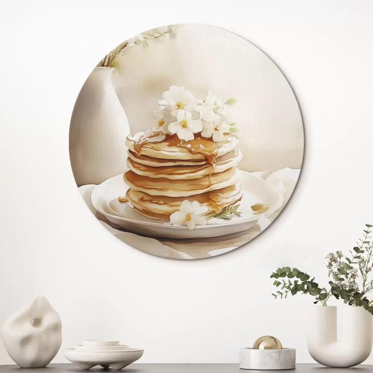 Quadri rotondi Pancake con burro di arachidi, fiori bianchi, disegno in stile acquerello r43065